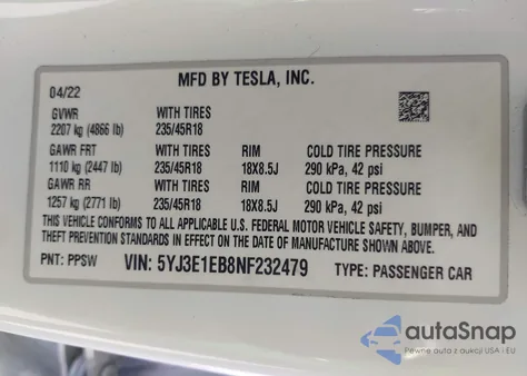 2022 Tesla Model 3 Long Range Dual Motor All-Wheel Drive from USA, damaged, VIN 5YJ3E1EB8NF232479